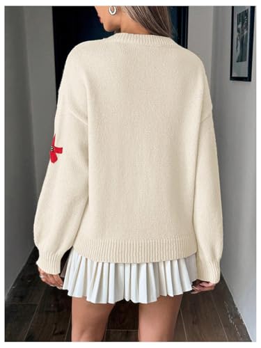 GORGLITTER Women's Flower Embroidered Sweater Floral Lantern Sleeve Crewneck Knit Cute Sweaters Pullover2