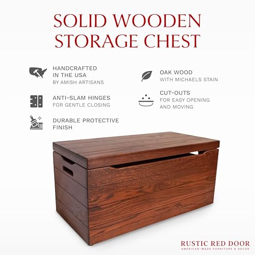 Image of Amish Made Wooden Storage Chest Trunk Box with Lid and Handles for Bedroom, Blanket, Clothes, Anti-Slam Hinges, Handmade, Rustic, Oak Wood, Michaels Stain, 42 inch