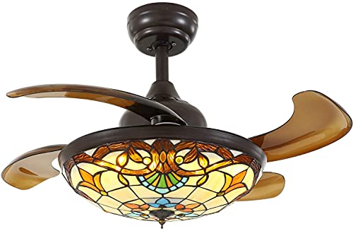 APBEAMLighting 36" Tiffany Style Ceiling Fan with Lights, Remote Control Led Dimmable Fandelier Fixture with 4 Retractable Reverse Blades, Vintage Stained Glass Suit for Bedroom Living Room