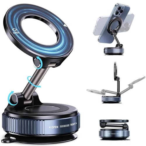 Magnetic Phone Mount For Car, 360° Rotatable Foldable Vacuum Suction Phone Holder For Car Gym Mirror Shower Smooth Surface, Compatible With iPhone, Android Smartphone (Black)