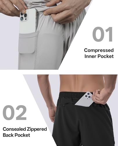 Men's 2 in 1 Running Shorts 5 inch Gym Athletic Workout Shorts with Liner Quick Dry with Back Zipper Pockets3