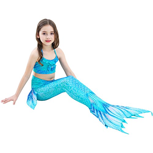 Swimmable Mermaid Tail Bikini 5PCS no Monofin Princess Girls Kids Swimwear Cosplay Light Blue