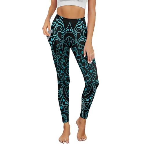 POLERO Damen-Leggings, lange Yogahose, Workout, Bauchkontrolle, Activewear-Leggings mit Taschen, Boho-Mandala-Blume, 3XL