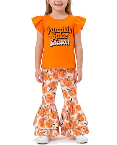 Image of Unique Baby 2 Piece Girls Double Bell Bottom Leggings Outfit with Short Sleeved Shirt Kid and Toddler Clothes Set