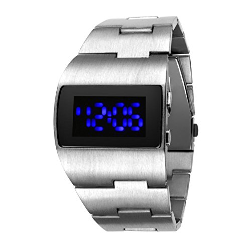 fenkoo Hombres futurista del azul LED Digital Banda de acero de plata reloj de pulsera