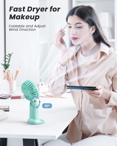 Image of coldSky Portable Handheld Fan, 4000mAh Battery Operated Fan with LED Display, Handheld /Neck /Desk 3 in 1 Personal Small Fans, 90 Foldable Desk Fan with Base, 5 Speed Makeup Lash Fan for Women Green