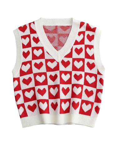 Floerns Women's Cute Heart Print V Neck Sleeveless Sweater Vest Knit Top