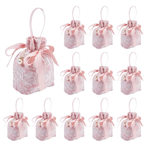 Contenant dragées mariage motif floral rose pochette tissu cordon 12 pièces