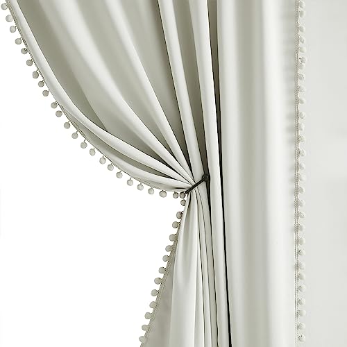 Image of Treatmentex Full Blackout Curtains for Bedroom Natural Ivory Pom-Pom Thermal Insulated Window Drapes 63inch Length Curtain Panels for Kids Guest Room Hotel 52" Wx 2pcs Beige Rod Pocket