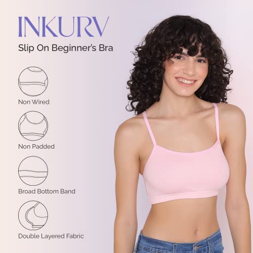 Image of INKURV Slip On Beginner's Bra for Girls & Teenagers, Non Padded Sports Bra| Adjustable Straps with No Hooks| Double Layered Fabric, Non-Wired Seamless Bralette for Gym-Combo of 2