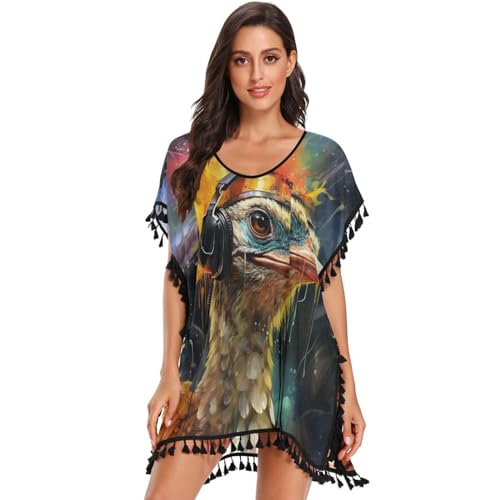 KAAVIYO Ostrich Colorful Abstract Space Women's Beach Cover Up Chiffon Tassel Swimwear Swimsuit Coverups for Girl