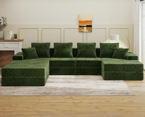 Image of Living&Giving 128 inch U-Shaped Cloud Sectional Couch for Living Room, Cloud Boneless Couch-No Assembly with Reversible Chaise, Customizable 4-Seat Modular Sectional Sofa with 3 Ottoman, Green
