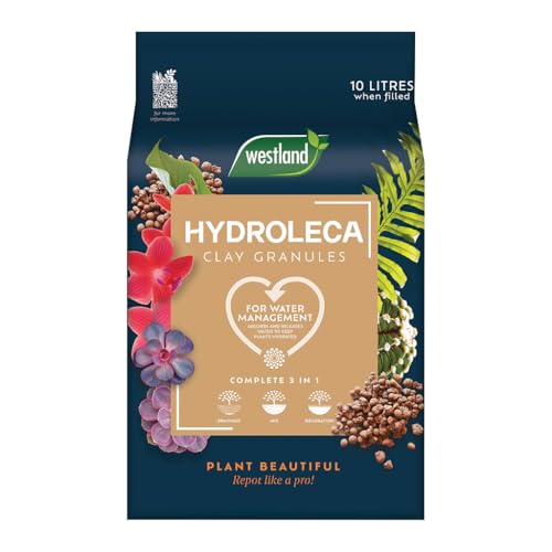 Westland Hydroleca Clay Granules, 10L - Lightweight Ceramic Pebbles for Drainage, Humidity, Compost Mixing, and Decorative Pot Topping (One Pack)