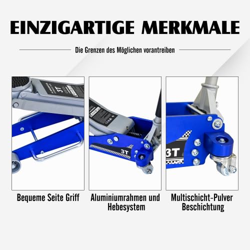 Gato hidráulico 3T para SUV y coches, doble pistón, altura de elevación de 110 – 508 mm, acero de aluminio, color azul y plateado