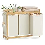 SONGMICS Laundry Basket with 3 Compartments, Laundry Hamper, Holds up to 150 L, Laundry Sorter, with Shelf, Laundry Bag, Side Pockets, 3 x 50 L, 94 x 33 x 78 cm, Cream White RLH115W01