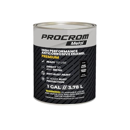 Procrom Premium Metal Paint – Gloss Pure Black, 1 Gallon | Direct-to-Metal, Anti-Rust Protection Up to 15 Years, Durable Finish for Indoor & Outdoor Surfaces