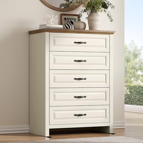 Amada 5 Drawer Dresser for Bedroom with Wood Drawers, Supports