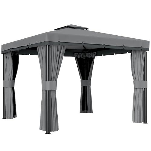Outsunny 3 x 3(m) Patio Gazebo Canopy Garden Pavilion Tent Shelter Marquee with 2 Tier Water Repellent Roof, Mosquito Netting and Curtains, Aluminium Frame, Light Grey