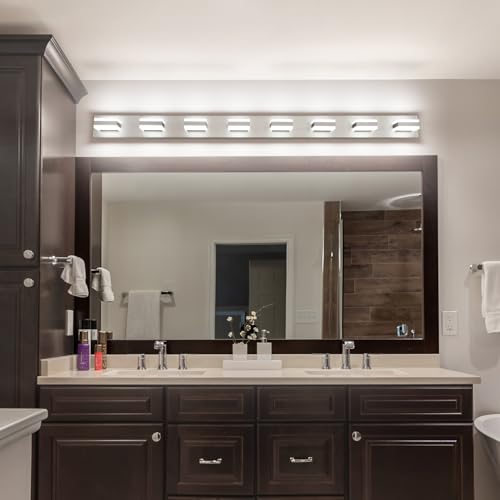 Image of SOLFART Bathroom Light Fixtures Brushed Nickel Vanity Lights for Bathroom Above Mirror, 8 Light Led Lighting Fixture, Nickel Vanity Light, 61 Inch Vanity Light Over Mirror