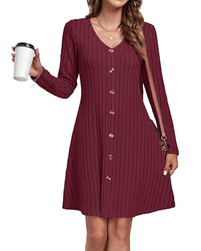 AUSELILY Herbstkleid Damen Strickkleid Dekorative KnöPfe Leichte Langarm Kleid Herbst Winter V-Ausschnitt A Linien Pulloverkleid Winterkleid Elegant Weinrot 2XL
