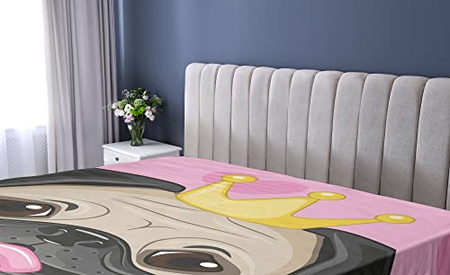 Lunarable Feminine Fitted Sheet, Happy Smiling Cartoon And Pug Dog With Tiara Pink Hearts On Background, Soft Decorative Fabric Bedding All-Round Elastic Pocket, Queen Size, Yellow Black And Pink #TOP1