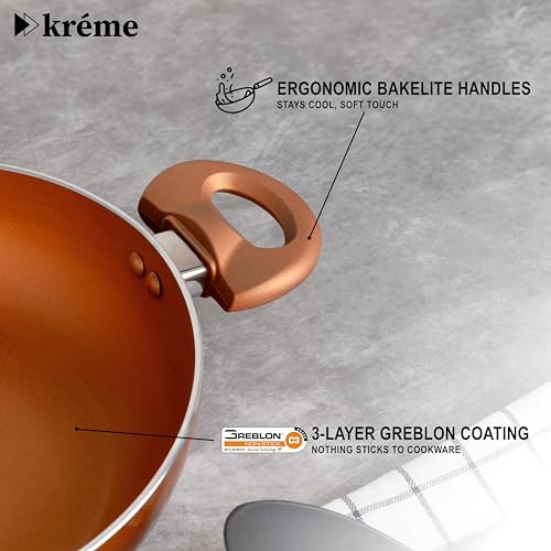 Image of Kreme Sonet Non-Stick Frying Kadai with Glass Lid | 2.5 Litre & 24 cm Induction and Gas Compatible Cookware Kadhai | Scratch Resistant Kadai for Cooking Curry, Dal, Rice & Biryani, Bronze