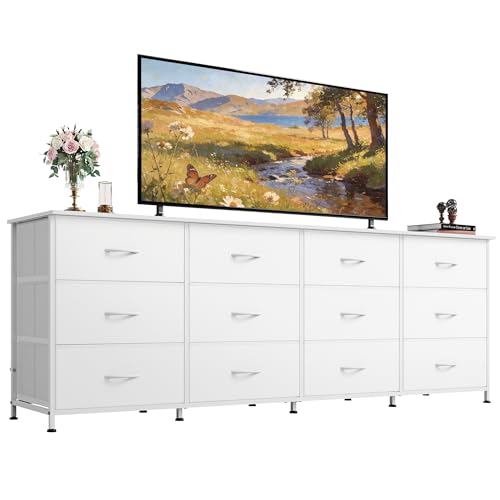 WLIVE Long Dresser TV Stand for 85 Inch TV, 12 Drawer Dresser, White