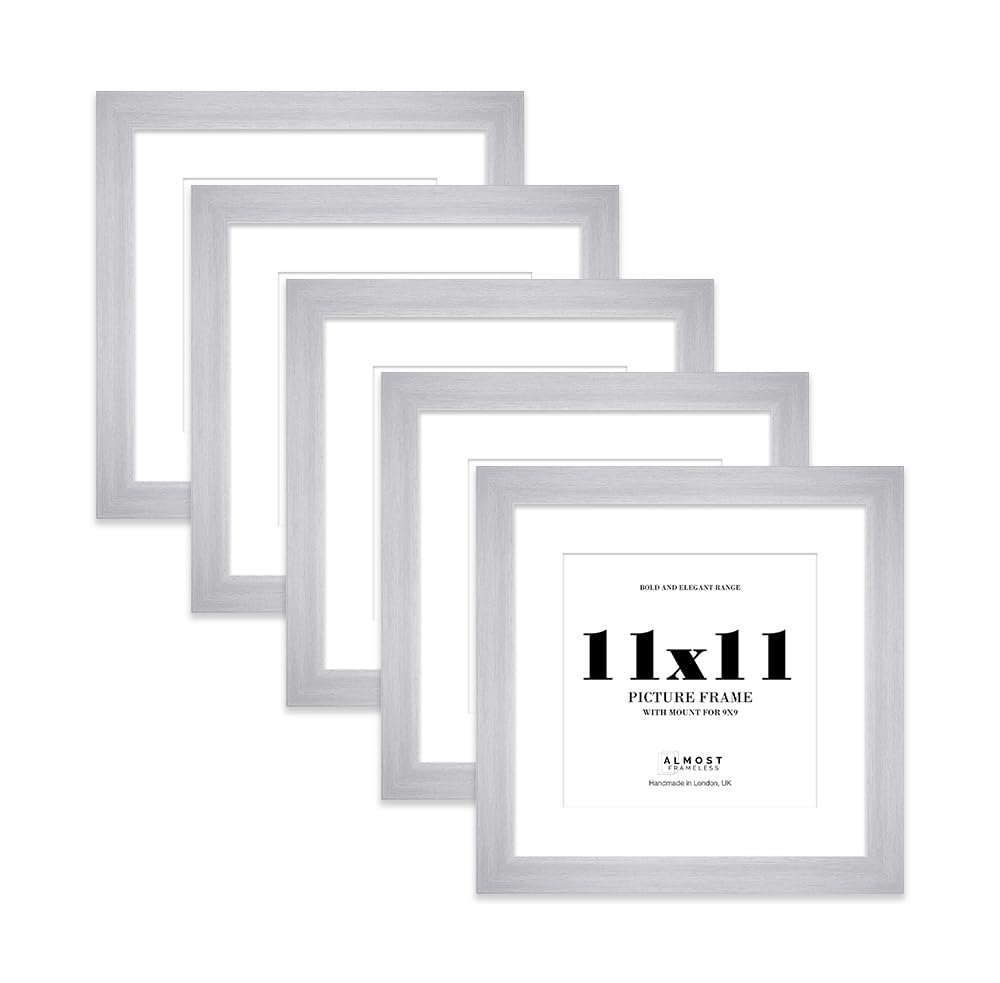 11x11" Silver Square Frame With Mount for 9x9" Pictures 28mm Edge Frame Display with Wall Hooks and Kickstand, 5 Pack