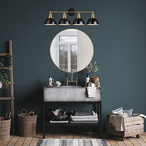 Image of Design House Savannah Rustic Farmhouse 4-Light Bathroom Vanity Light, Dimmable, Satin Gold, Matte Black Metal Shade, 34.25 in x 9 in x 10.88 in, 589051-BGD
