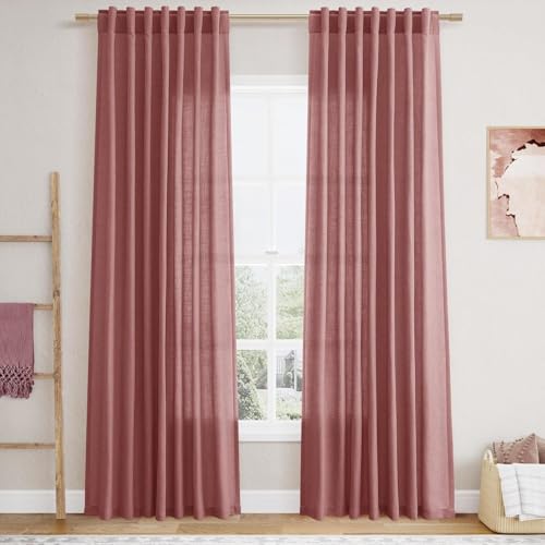 Image of Nanspring Linen Curtains 80 Inch Long for Living Room Back Tab Canyon Rose