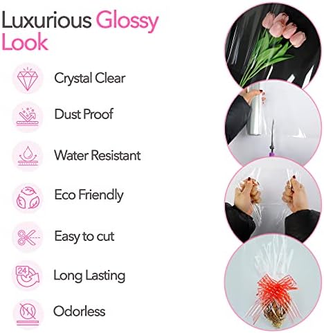 ZASAMIBA Gift Wrap for Multi-Occasion 3 Mil Thick with 12 Large Pull Bows 1 Tape and 9 Ribbons for Hampers Paper Roll - Florist Cellophane Wrap for Hampers, Wrapping Paper - Clear, 23 Piece Set