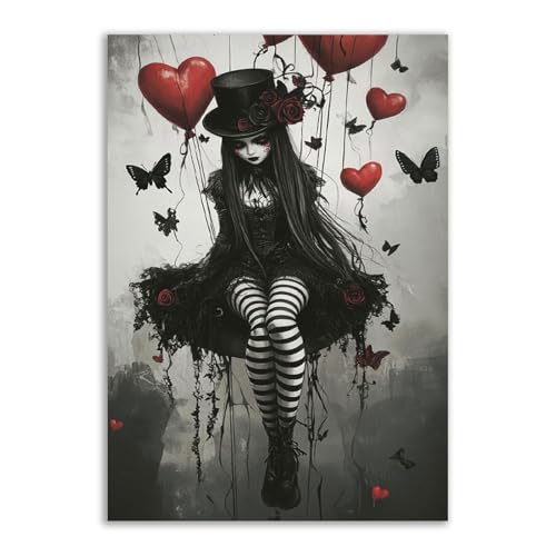 Póster de chica gótica vintage, lienzo de mujer con flores en blanco y negro de 40x60cm sin marco
