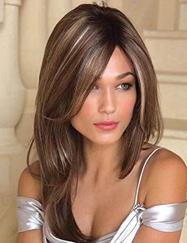 RENERSHOW Long Mixed Brown Highlight Synthetic Wigs for Women Layered Ombre Brown Wig with Dark Roots Straight Hair Wig