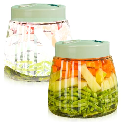 Leikurvo Lot de 2 bocaux de fermentation de 1 l, avec double valve, hermétiques, en verre sans plomb, pour kimchi, choucroute, confiture, noix, miel (vert)