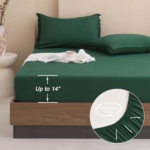 Image of Andency California King Size Comforter Set with Sheets Emerald Green - 7 Pieces Cal King Bed in a Bag Boho Bedding Sets, Dark Green Fringe Bed Set with Comforter, Sheets, Pillowcases & Shams