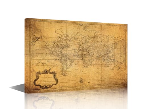 Image of TISHIRON Map of the World Wall Decor Vintage Map Canvas Painting World Maps 1778 Wall Decor Poster Home Decor Living Room Office Framed Gallery-Wrapped Ready to Hang 1 Panel (16''Wx24''H)