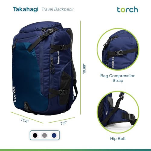 torch Travel Backpack 40L – TSA Friendly Flight Approved, Carry-On Waterproof Hiking Daypack with Rain Cover – Lightweight Rucksack for Camping, Trekking, Outdoor Adventures – Takahagi(Blue)3