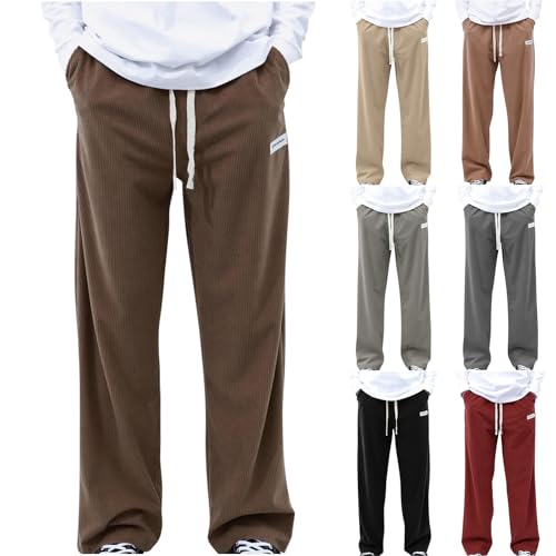Casual Corduroy Pants Men Elastic Waist Drawstring Baggy Sweatpants Relaxed Fit Straight Leg Pants with Pockets
