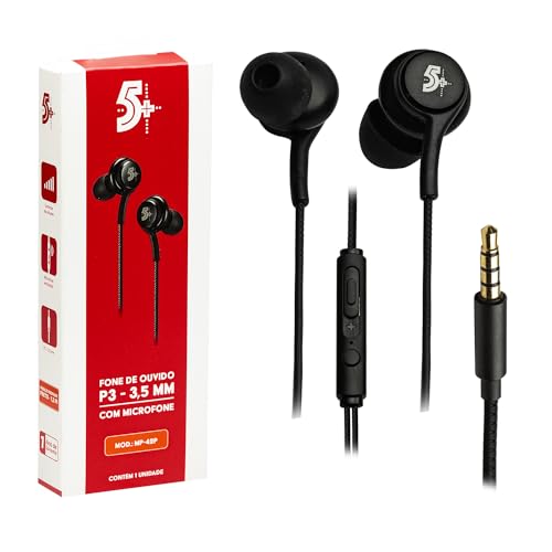 5+ Fone de Ouvido com Microfone Intra-Auricular In Ear Cabo 1,2m Preto 5+