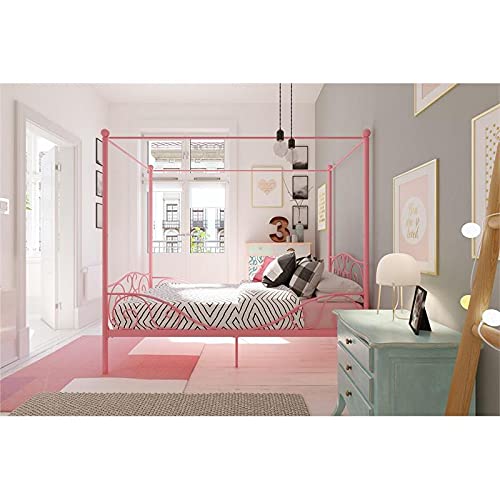 image for DHP Metal Canopy Kids Platform Bed with Four Poster Design, Scrollwork