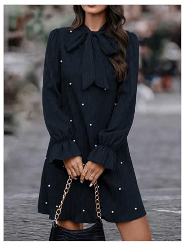 Image of WDIRARA Women's Pearl Decor Flare Long Sleeve Mini Dress Bow Tie Front Dress