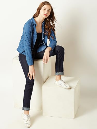 Image of Miss Chase Women's Polo Neck Full Sleeves Patch Pocket Denim Overcoat Knee-Length Jacket
