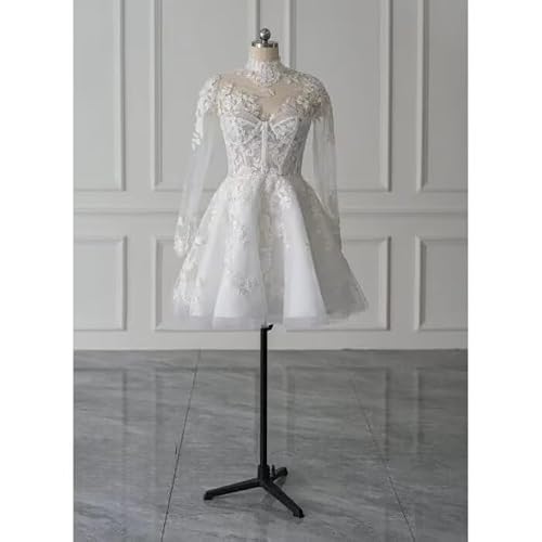 Vintage High Neck Long Sleeve Short Wedding Party Bridesmaid Dresses Lace Hollow Back With Button A Line Tulle Ruched White Cheap Prom Homecoming Graduation Dress 20W #TOP3