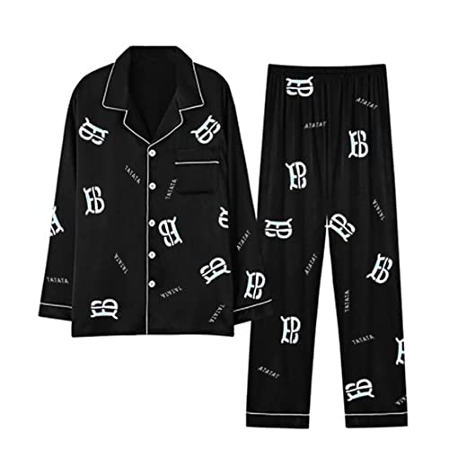 CYGE Men's 2-Piece Imitation Silk Satin Pajama Set Long Sleeve Plus Size Sleepwear Loungewear Pjs Sets 3XL-5XL4