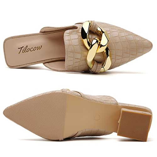 Tilocow Chain Decor Womens Pumps Closed Pointed Toe Heeled Sandals Embossed Block Heel Slides Shoes For Women Buckle Mules #TOP4