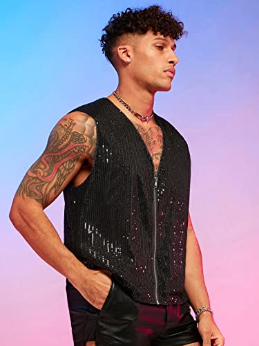 WDIRARA Men's Sequin Zipper Up Vest Fashion Solid Sleeveless V Neck Casual Jacket3