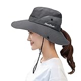 Womens UV Protection Wide Brim Sun Hats - Cooling Mesh Ponytail Hole Cap Foldable Travel Outdoor Fishing Hat Grey