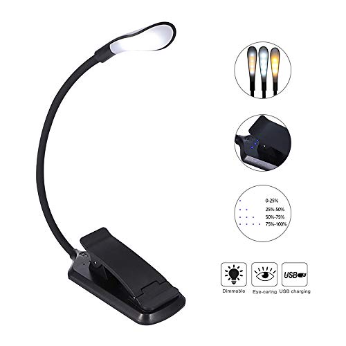 Preisvergleich Produktbild LEDGLE Buchleselampe, 7 LEDs, Batterieanzeige, 3 Modi, dimmbar, 360 ° verstellbare, wiederaufladbare Klemm-Schreibtischlampe mit USB-Kabel