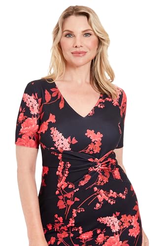 Image of London Times Women's V-Neck Dress - Flounce Hem, Twist Waist, Elegant Office & Event Wear