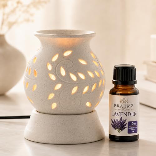 Image of BRAHMZ Ceramic Electric Aroma Oil Diffuser | Ancient Matki Design Oil Burner with Halogen Bulb & Lavender Aroma Oil (White, 10g)